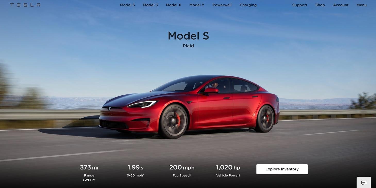 A screengrab from Tesla’s website advertising the Model S sport sedan. Driving range is among the most important factors considered by electric vehicle buyers.