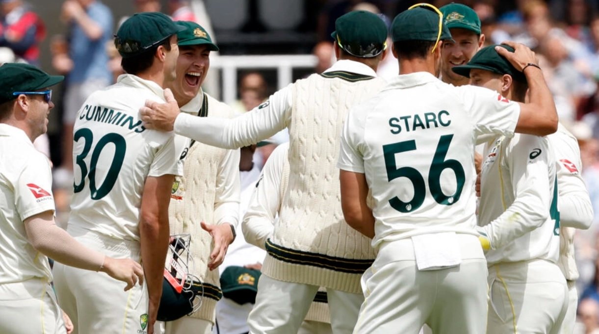 Australia celebrate the wicket of England's Jonny Bairstow for 10 runs on day five of the second Ashes cricket Test at Lord's in London