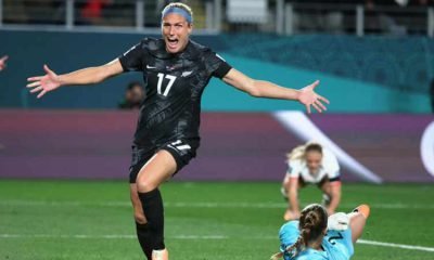 New Zealand forward Hannah Wilkinson celebrates scoring during her team’s match against Norway at Eden Park in Auckland