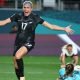 New Zealand forward Hannah Wilkinson celebrates scoring during her team’s match against Norway at Eden Park in Auckland