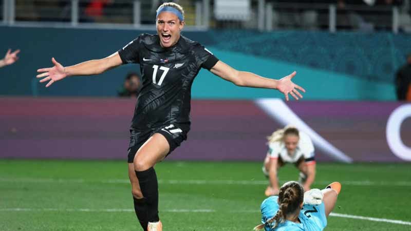 New Zealand forward Hannah Wilkinson celebrates scoring during her team’s match against Norway at Eden Park in Auckland