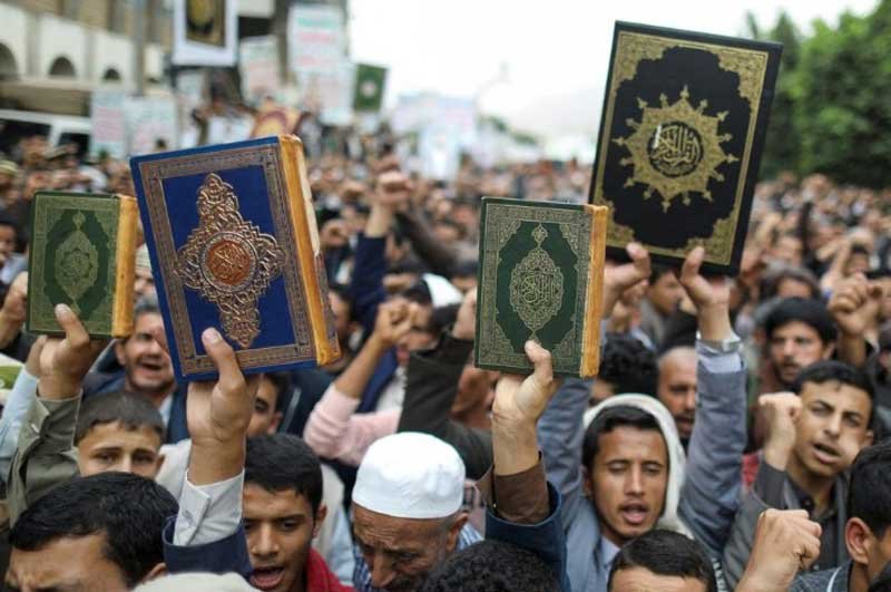 People demonstrate against the desecration of the Koran in Denmark, in Sanaa, Yemen