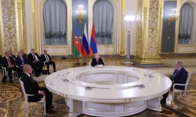 Russia's President Vladimir Putin meets with Armenia's Prime Minister Nikol Pashinyan and Azerbaijan's President Ilham Aliyev on the sidelines of the Eurasian Economic Union summit in Moscow