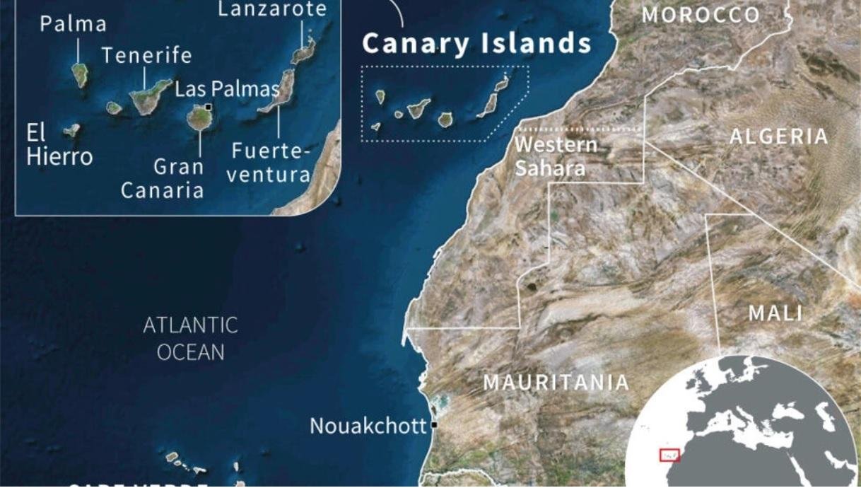 Satellite map of the Canary Islands and the African coast