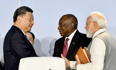 Chinese leader Xi Jinping, South African President Cyril Ramaphosa and Indian Prime Minister Narendra Modi at the BRICS Summit in Johannesburg