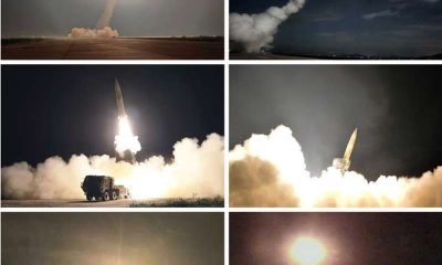 Missiles from tactical nuclear operation unit of the western district of the Korean People's Army are launched at an undisclosed location in North Korea in this picture