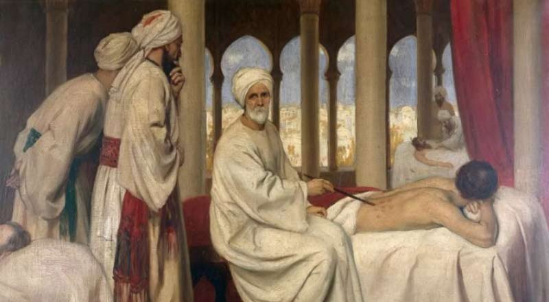 The 10th-century Andalusian surgeon Abu Al Qasim Al Zahrawi treats a patient at a bimaristan