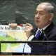 Israel's Prime Minister Benjamin Netanyahu holds his map of "The New Middle East" and a red marker pen as he addresses the 78th session of the United Nations General Assembly on September 22, 2023