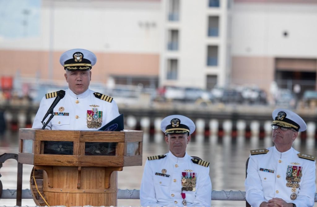 Richard Seif, now a rear admiral and commander of Submarine Force U.S. Pacific Fleet, speaks at a 2017 event in Hawaii. The force is leading a U.S. effort to modernize America’s network of underwater acoustic spy cables as tensions with China rise in the Pacific Theater.