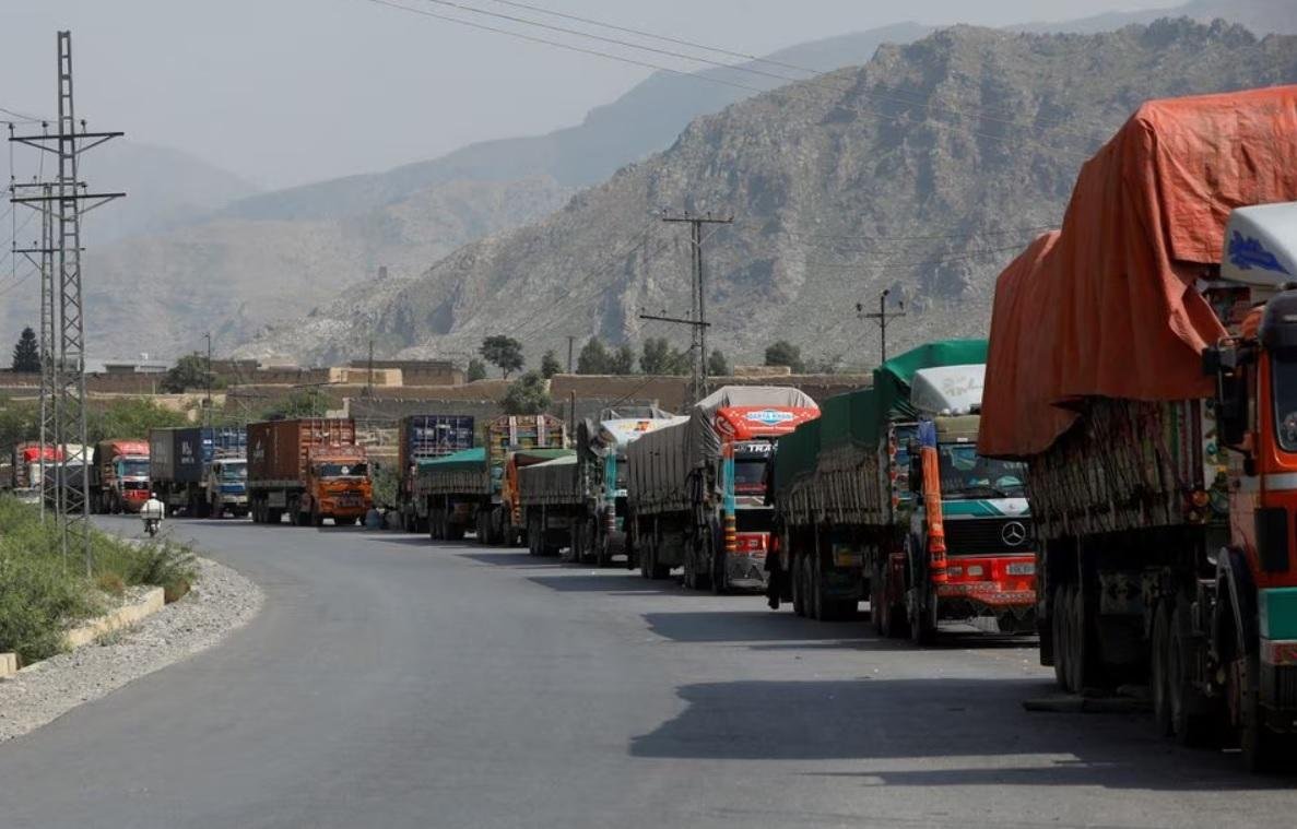 Trucks loaded with supplies to leave for Afghanistan are seen stranded at the Michni checkpost, after the main Pakistan-Afghan border crossing closed after clashes, in Torkham, Pakistan