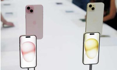 iPhone 15 and iPhone 15 Plus are displayed during the 'Wonderlust' event at the company's headquarters in Cupertino, California, U.S. September 12, 2023