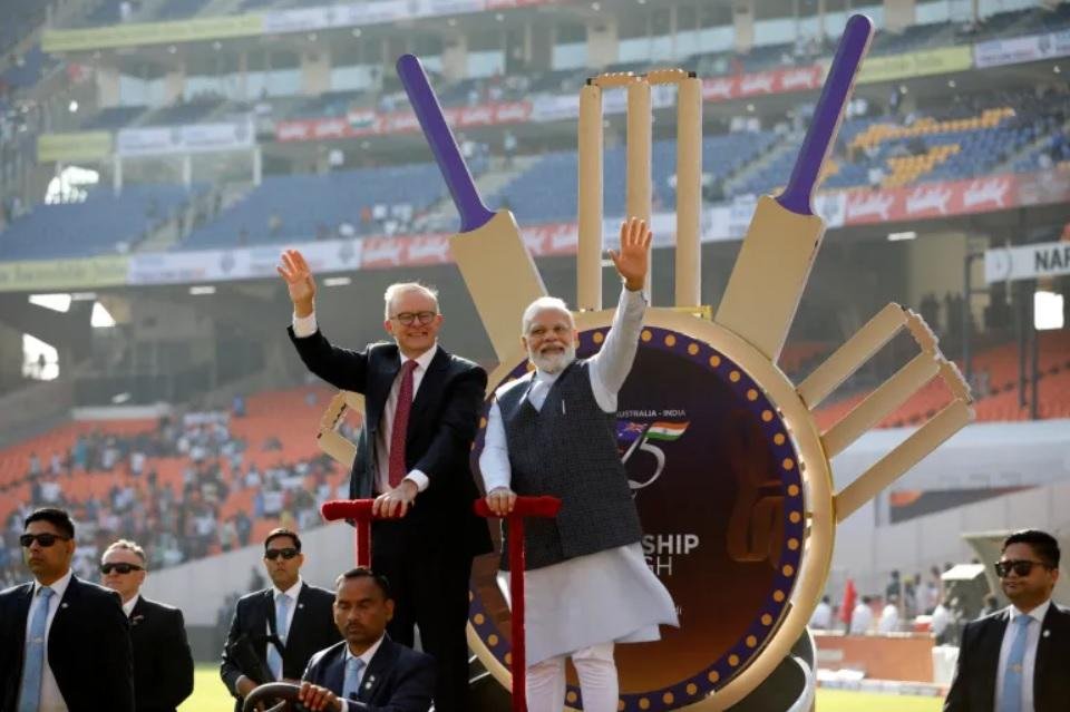 Indian Prime Minister Narendra Modi and Australia Prime Minister Anthony Albanese at the Narendra Modi Stadium, Ahmedabad