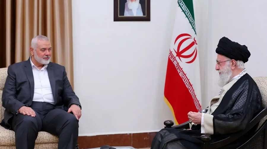 Iran’s Supreme Leader Ali Khamenei meets with Palestinian group Hamas’ top leader, Ismail Haniyeh