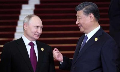 Russian President Vladimir Putin is welcomed by Chinese President Xi Jinping during a ceremony at the Belt and Road Forum in Beijing, China, October 17, 2023