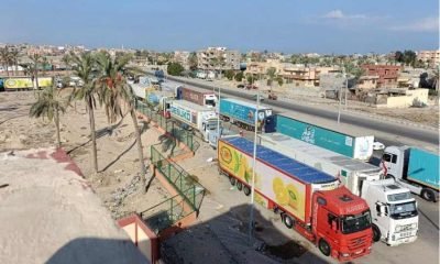 A view of trucks carrying humanitarian aid for Palestinians, as they wait for the re-opening of the Rafah border crossing to enter Gaza, amid the ongoing conflict between Israel and the Palestinian Islamist group Hamas, in the city of Al-Arish, Sinai peninsula, Egypt