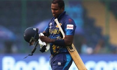 Sri Lanka's Angelo Mathews walks after losing his wicket due to time out