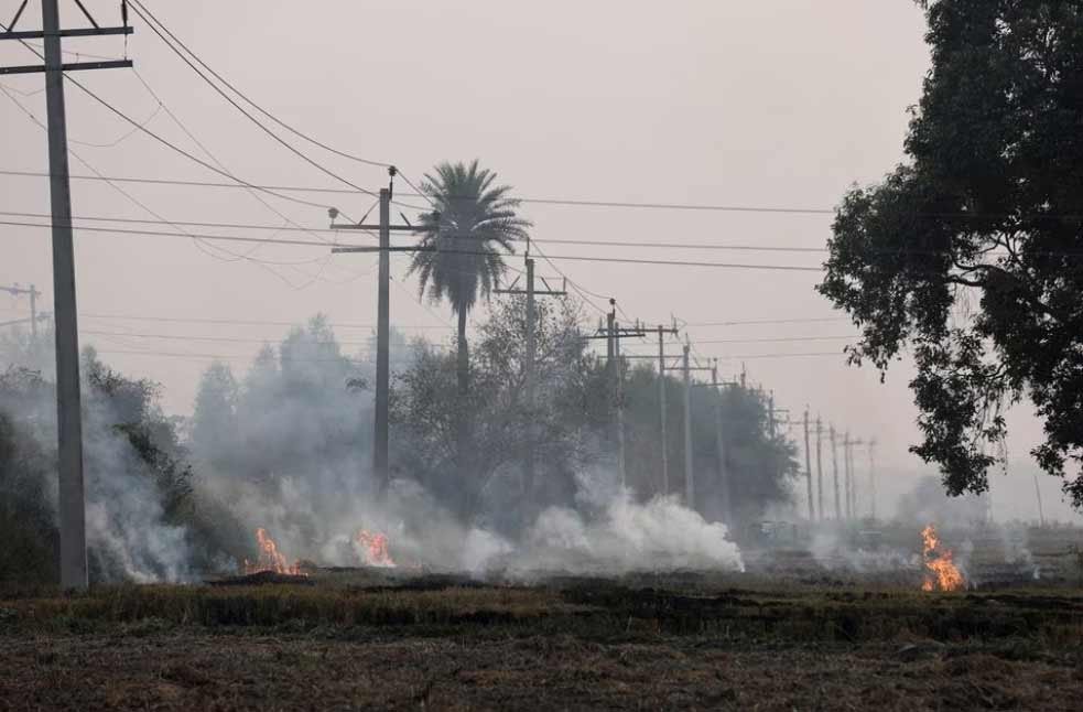 A farmer burns the stubble in a crop field in a village in Karnal district in the northern state of Haryana, India, November 4, 2023