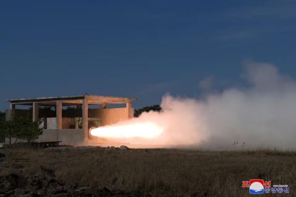 A test of North Korea's new solid-fuel engines for an intermediate ballistic missile is conducted in this picture released by the Korean Central News Agency on November 15, 2023