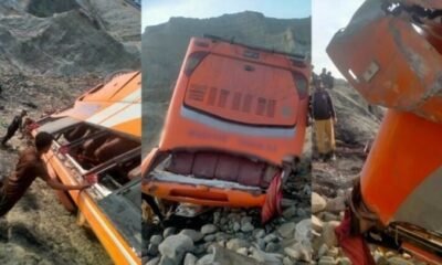 In Azad Kashmir, a bus plunged into a ditch and a pilgrims' bus crashed in Makran, killing 32 people